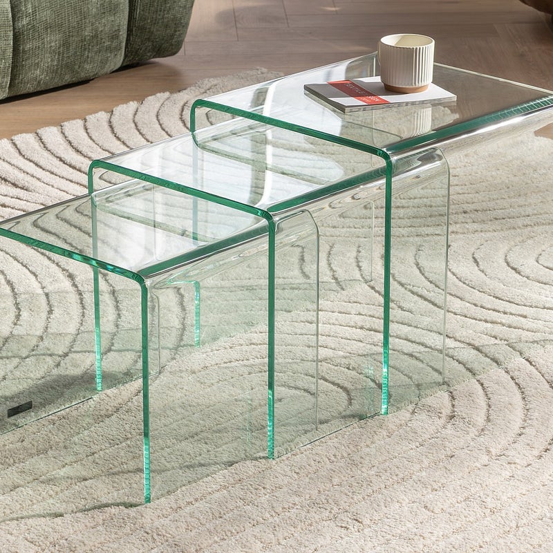 Komplet 3 wysuwanych stolików kawowych MINKA - Gięte szkło