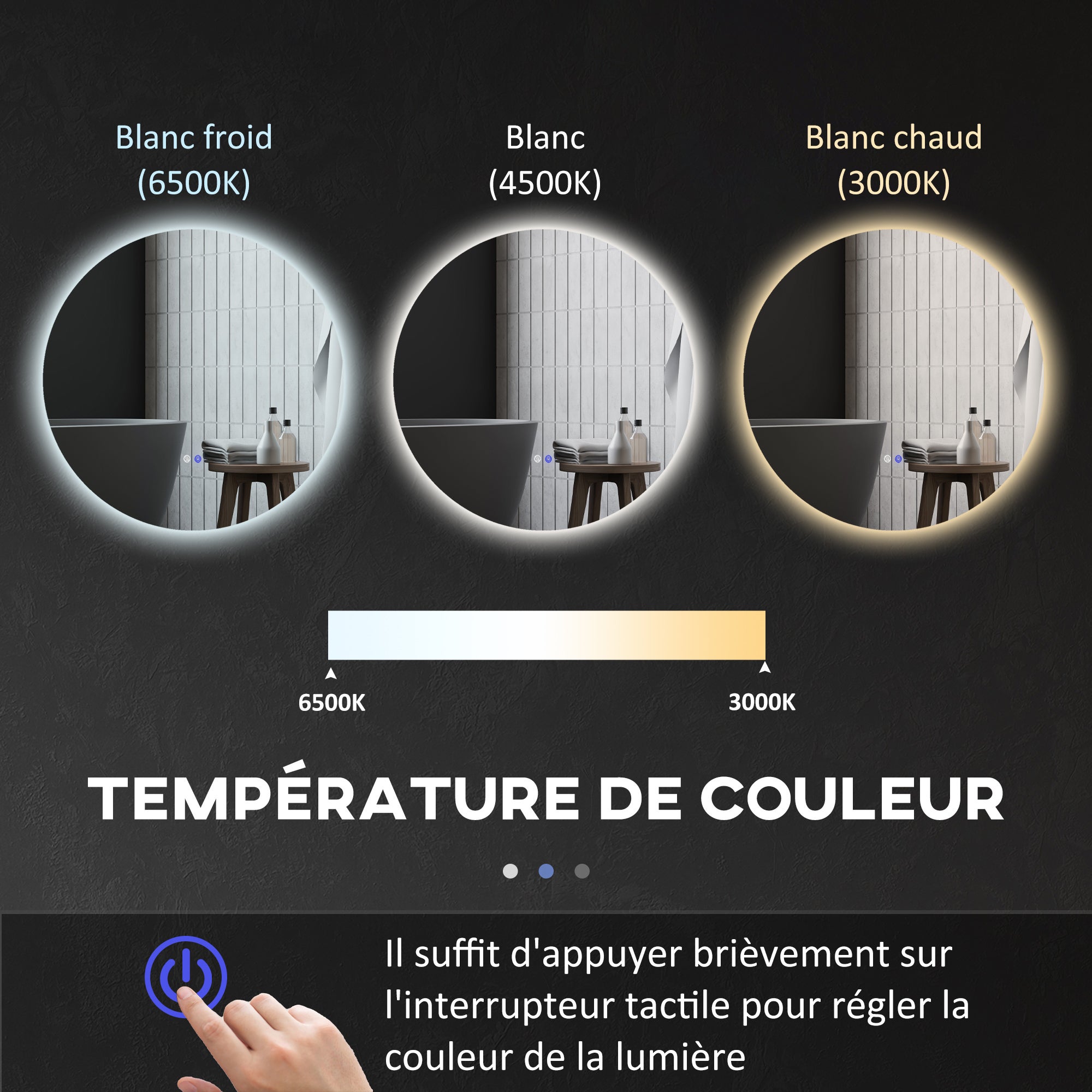 Miroir rond lumineux LED de salle de bain Ø 80 cm mural avec éclairage interrupteur tactile système antibuée - 8