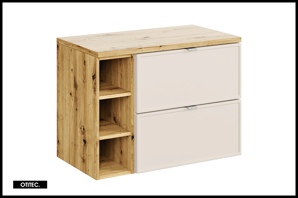 Szafka pod umywalkę nablatową BELLA CASHMERE 60cm kaszmir/dąb artisan - zestaw 80 cm z regałem i blatem