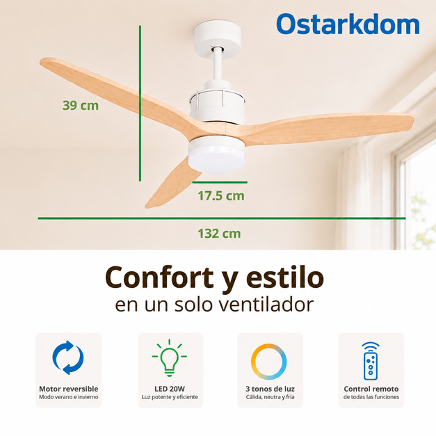 Ventilateur de plafond OstarkDom LED 132 cm avec télécommande, moteur DC silencieux, lumière CCT réglable, minuterie, été/hiver - 3