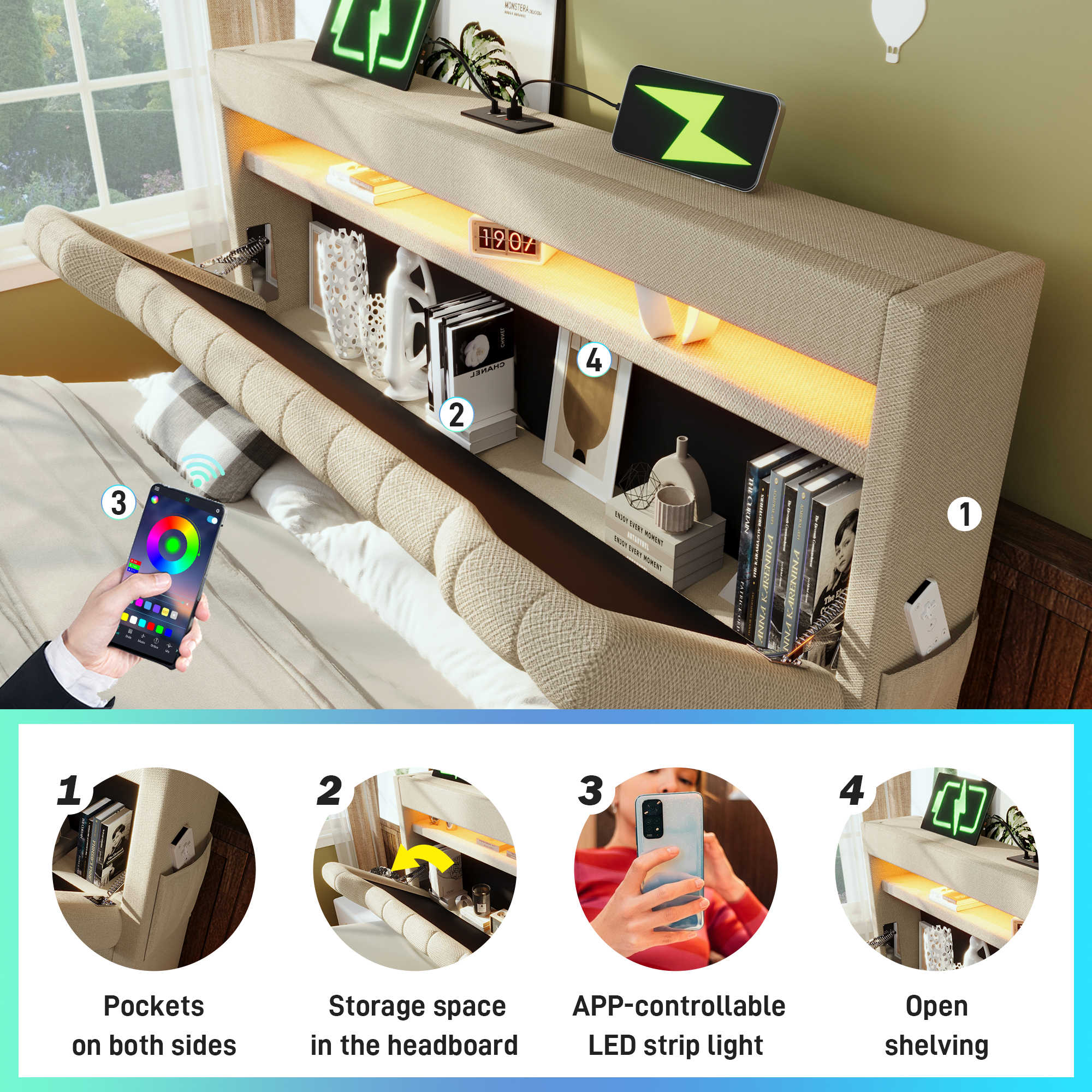 Cama con almacenamiento adulto 140x200 cm, cama doble con USB, Type-C, LED y almacenamiento, en lino, beige - 8