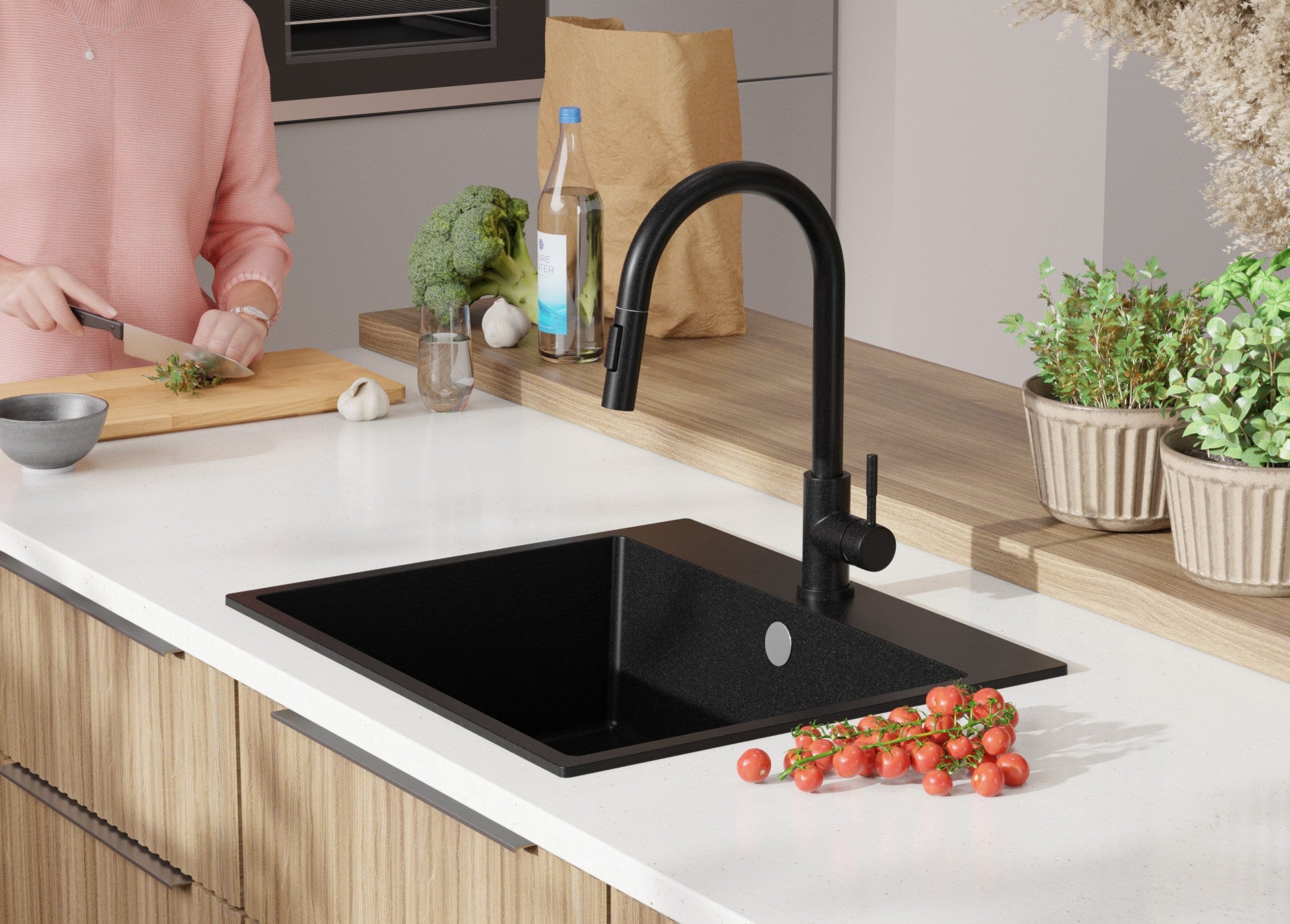 Evier Cuisine en Granit Tout Noir 58x50cm, Lavabo 1 bac + Kit de Vidage, Évier à Encastrer au meuble 60cm - Riga PRIMAGRAN - 9