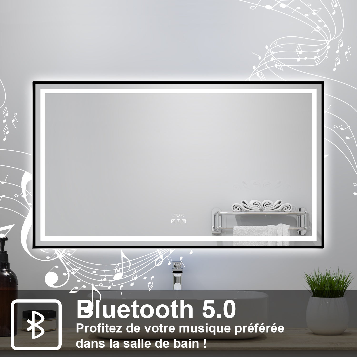 Miroir lumineux de salle de bain avec Bluetooth 120x80cm, Horloge + 3 Couleurs + Dimmable + Anti-Buée, Noir Cadre Non-Métallique - 3