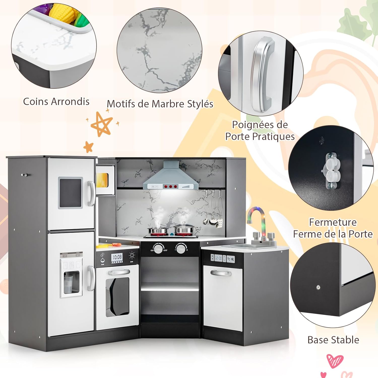 Cuisine Enfant, Cuisine d’Angle avec Tableau Noir, Hotte, Jouet de Cuisine en Bois avec Effets Lumineux et Sonores, Cadeau pour Enfant 3+ Ans (Café) - 6