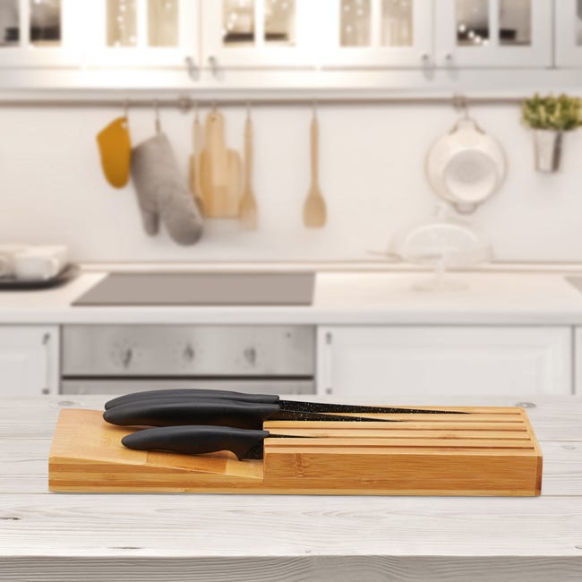 Range-Couverts Relaxdays En Bambou Pour Tiroir - Organiseur 9 Couteaux Avec Aiguisoir - Naturel Et Pratique