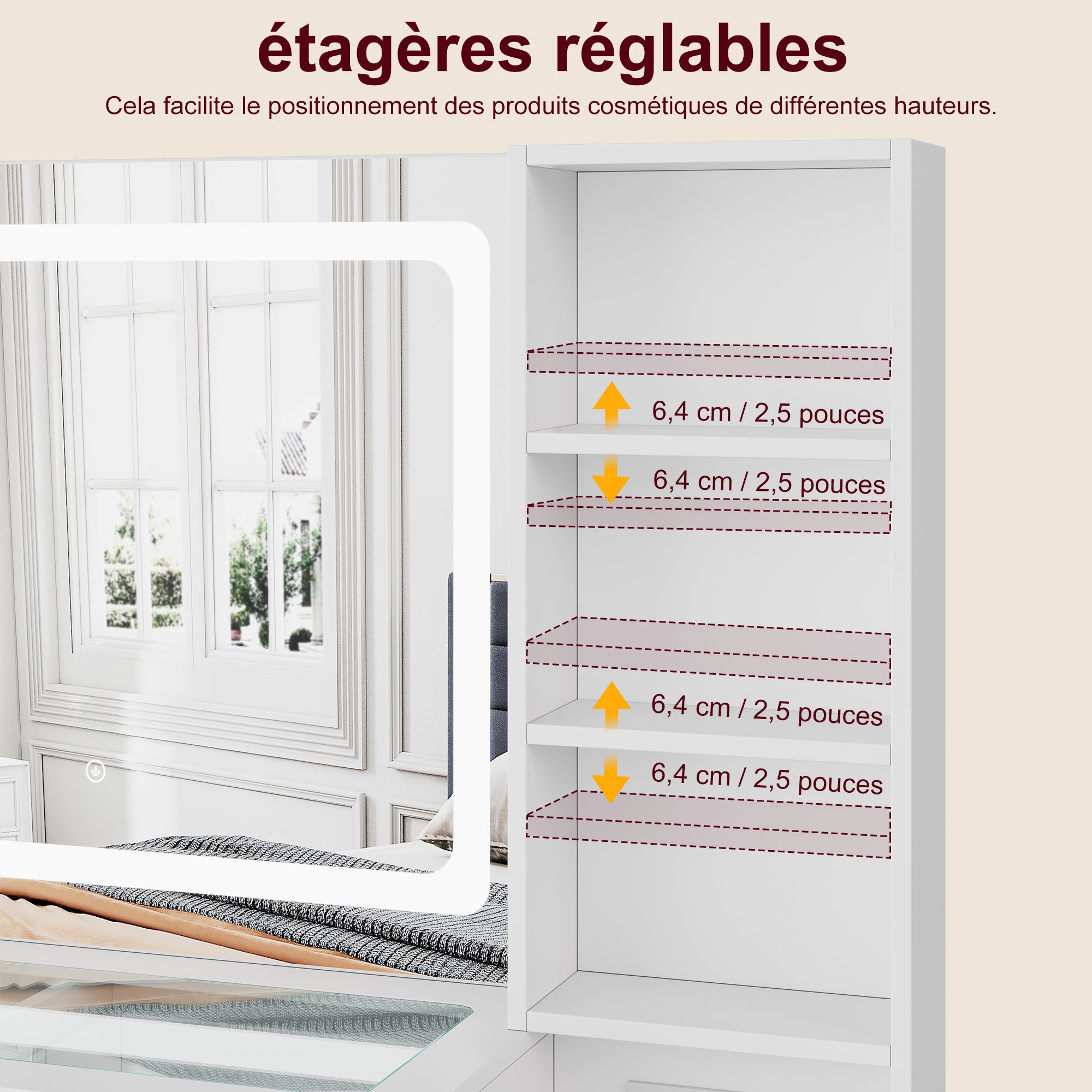 Coiffeuse, grand miroir de maquillage LED multicolore, station de recharge, tabouret inclus, 5 tiroirs avec poignées, étagères réglables - blanche - 5
