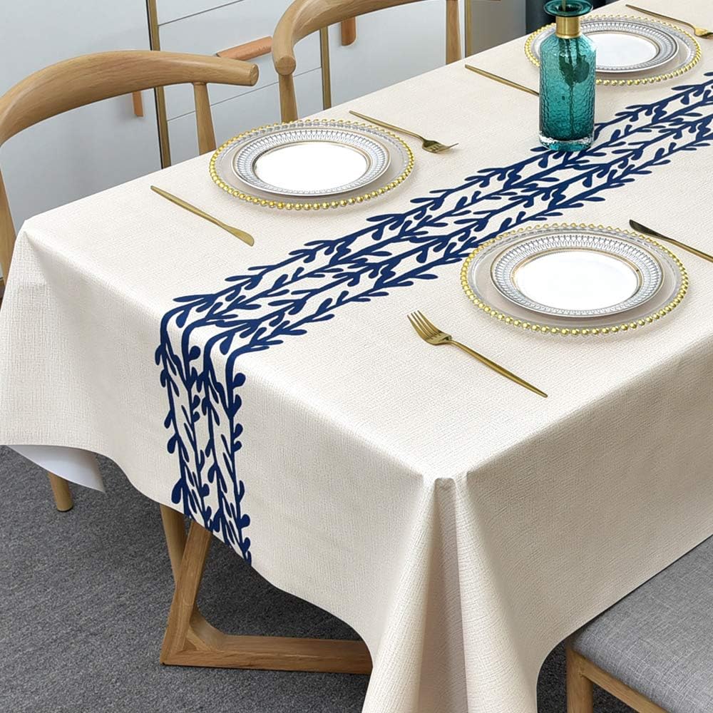 Obrus plastikowy, obrus z ceraty, obrus kwadratowy, obrus z PVC, obrus w stylu boho do dekoracji stołu kuchennego (niebieskie liście, 140x140 cm)