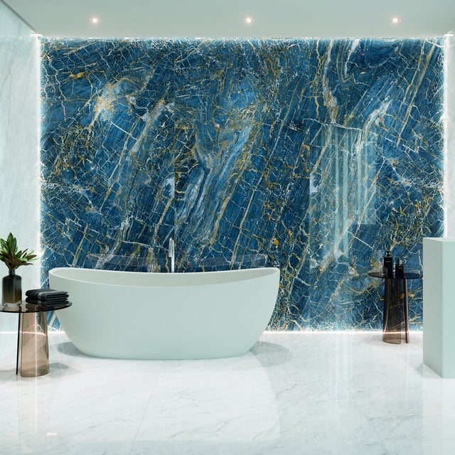 Carrelage sol et mur effet marbre brillant Hotel luxe bleu poli 60x120 cm - Réflex boutique
