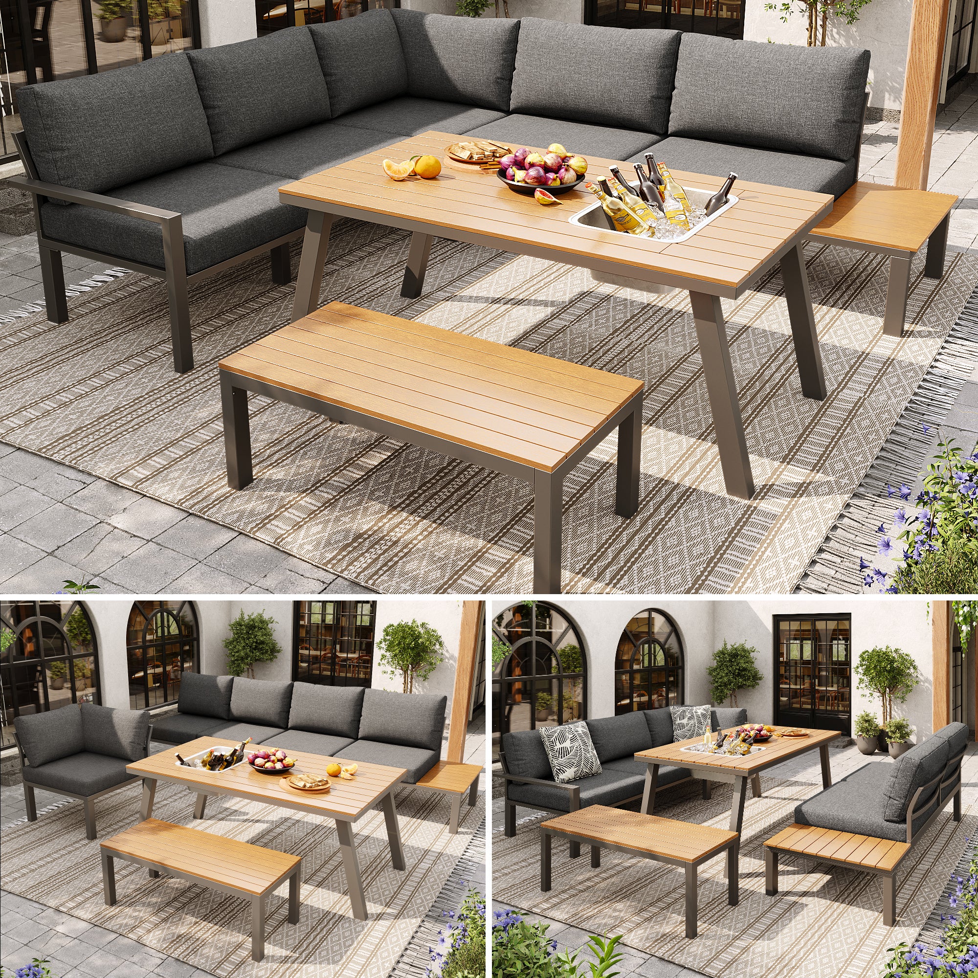 Muebles de jardín modulares en hierro galvanizado: 1 sofá esquinero de 6 plazas + 1 banco + 1 mesa de comedor - Gris + natural - 2