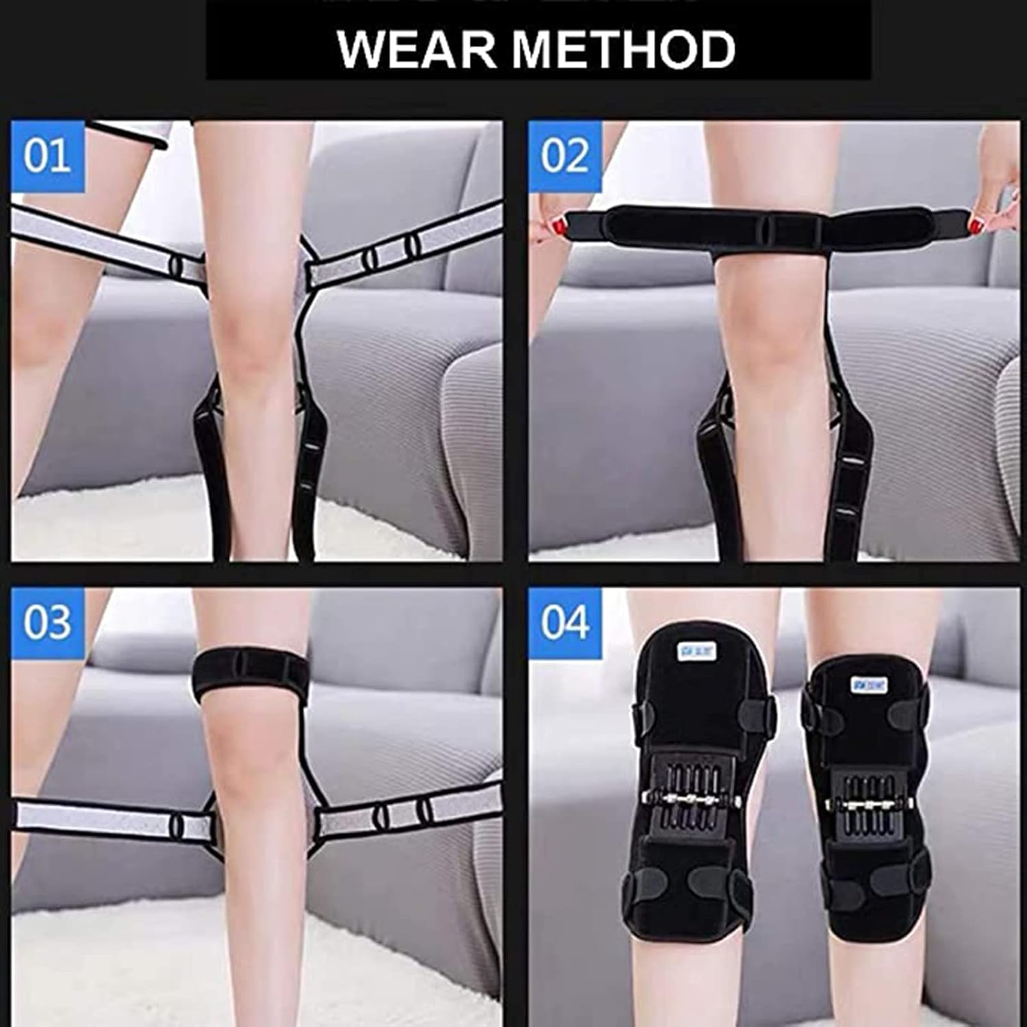 Lot de 2 genouillères avec 3 ressorts robustes, pour homme et femme souffrant de faiblesse des jambes, d'arthrite, de déchirures méniscales - Noir - 4