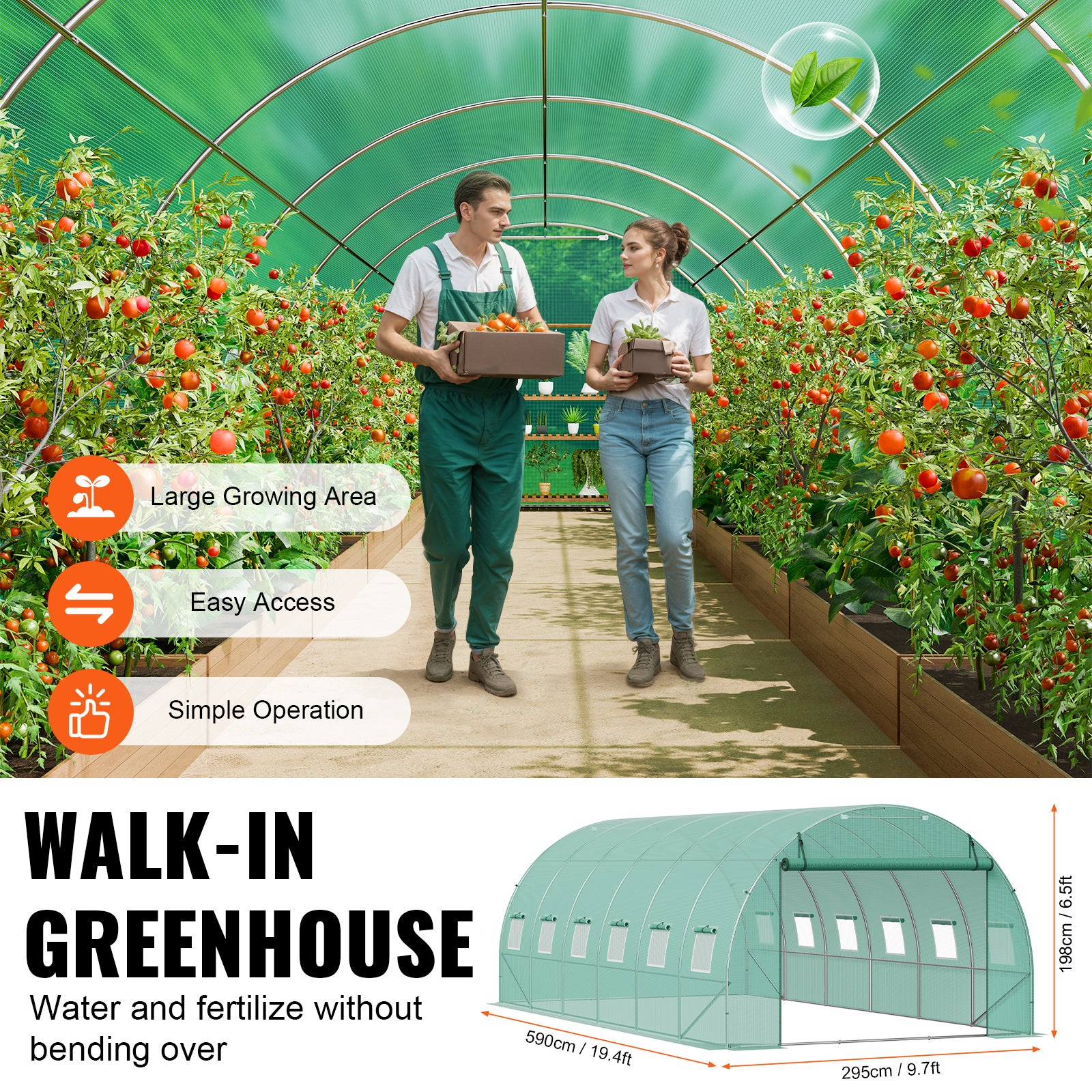Serre tunnel jardin,VEVOR tente protection des plantes,cadre en acier galvanisé,couverture en PE vert,porte à glissière à enroulement,12 fenêtres - 5