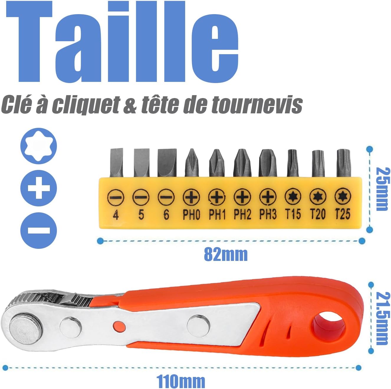 Mini clé à cliquet, mini tournevis à cliquet réversible décalé, tournevis à cliquet dynamométrique 1/4 pouce avec 10 mini embouts de tournevis - 2