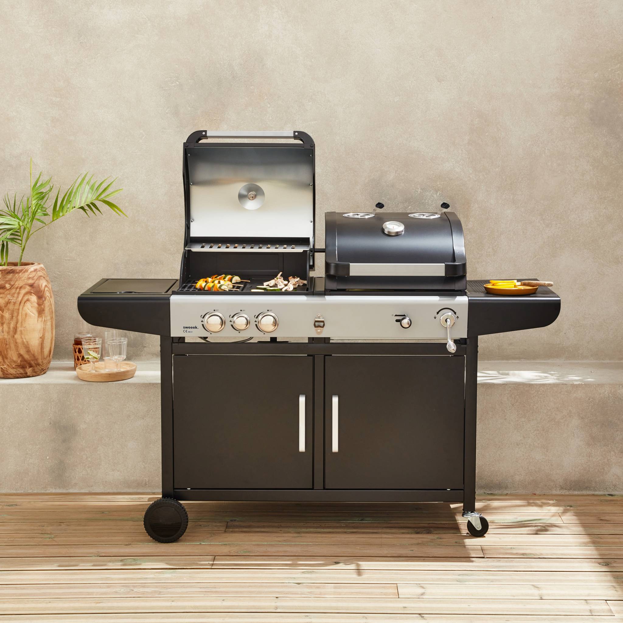 Barbecue combinato a gas e carbonella con fuoco laterale, Nero - 5
