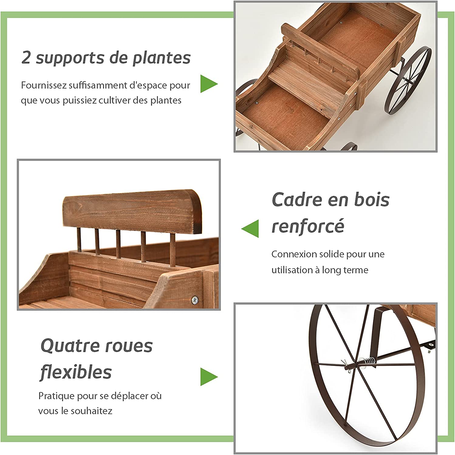 Brouette décorative en bois avec 2 compartiments à planter roues poignée charge 15kg marron - 4