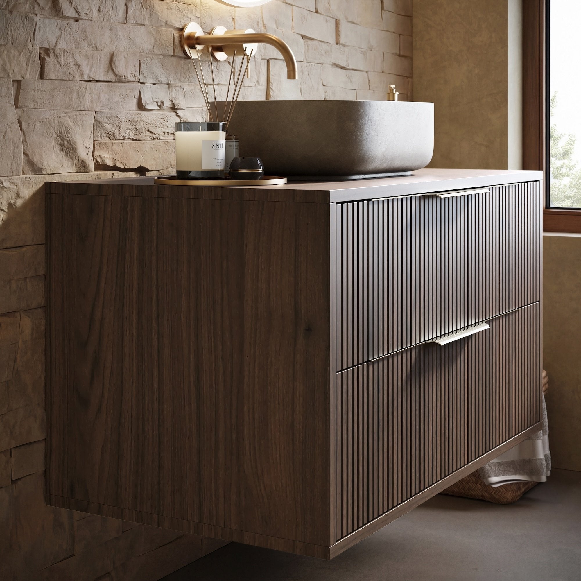 Meuble sous-vasque Rimini 80 cm - Noyer brun - Meuble de salle de bain avec tiroirs - 3