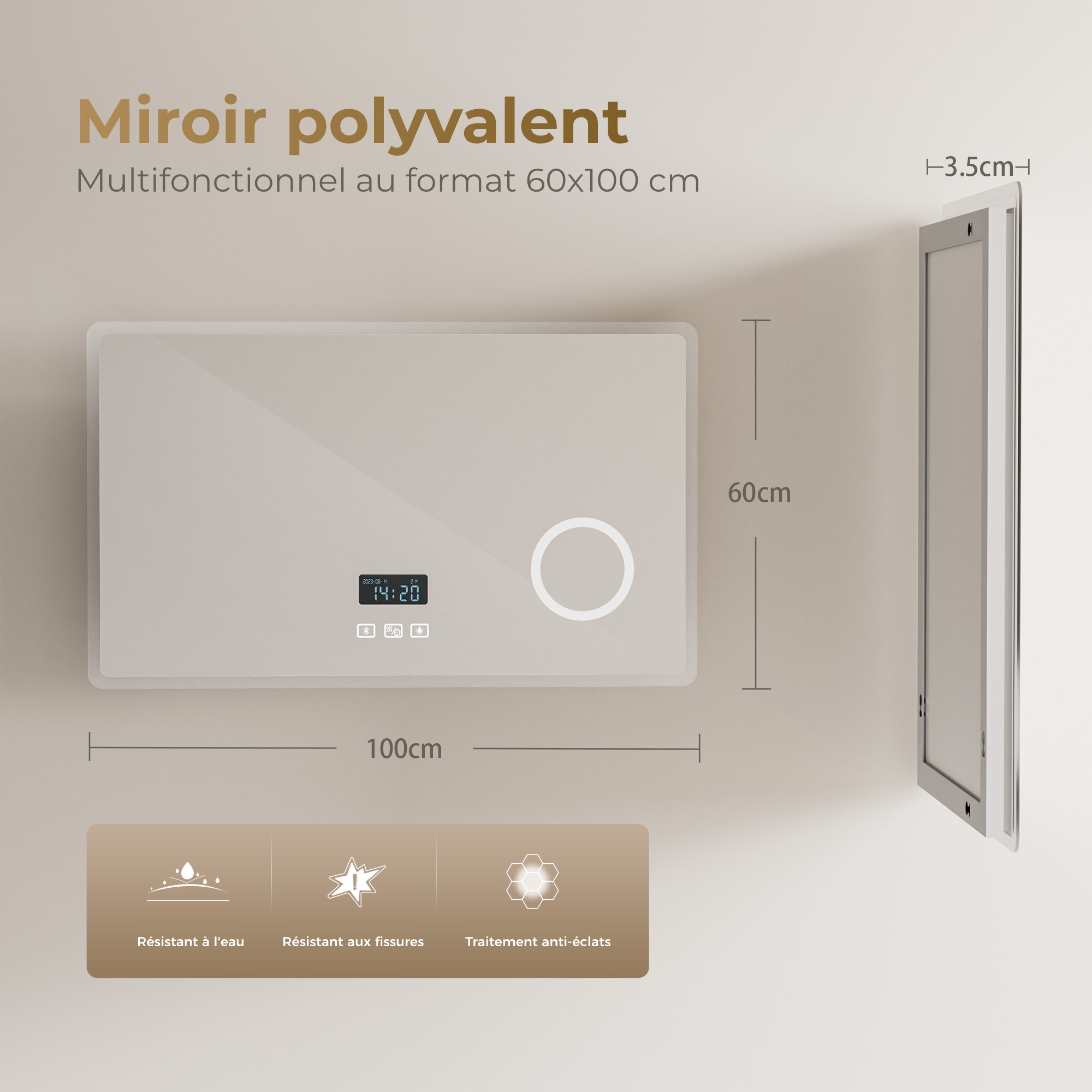 Heilmetz Miroir Salle de Bain LED 100x60 cm avec Bluetooth, Anti-buée, Éclairage 3 Couleurs, Horloge Digitale - 8