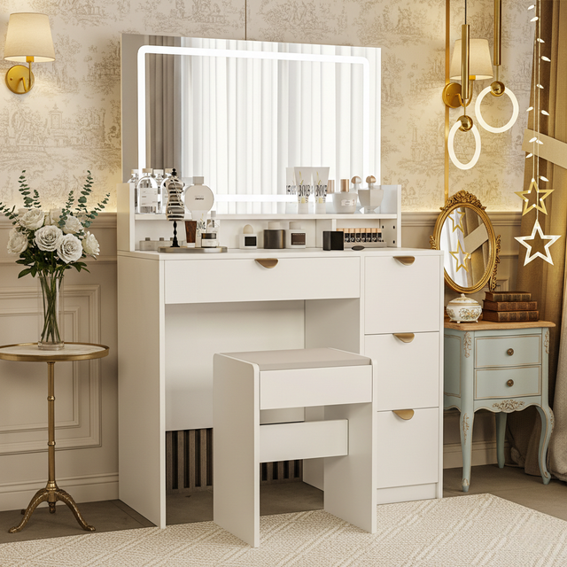 WOLTU Coiffeuse avec Miroir LED, Coiffeuse avec 2 Tiroirs et 1 Commode