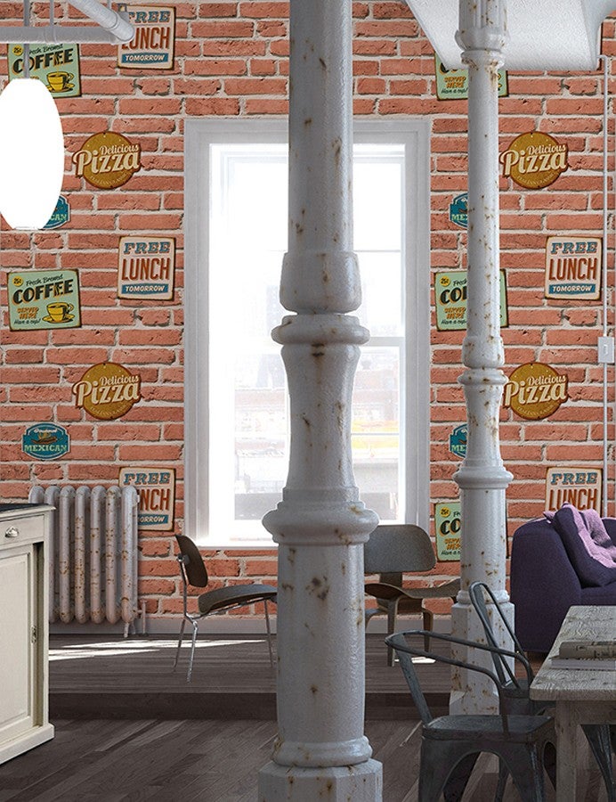 Papel pintado vinílico lavable carteles sobre muro de ladrillo en relieve estilo pop art - detroit coffee 456021 de gaulan - rollo de 10 m x 0,53 m