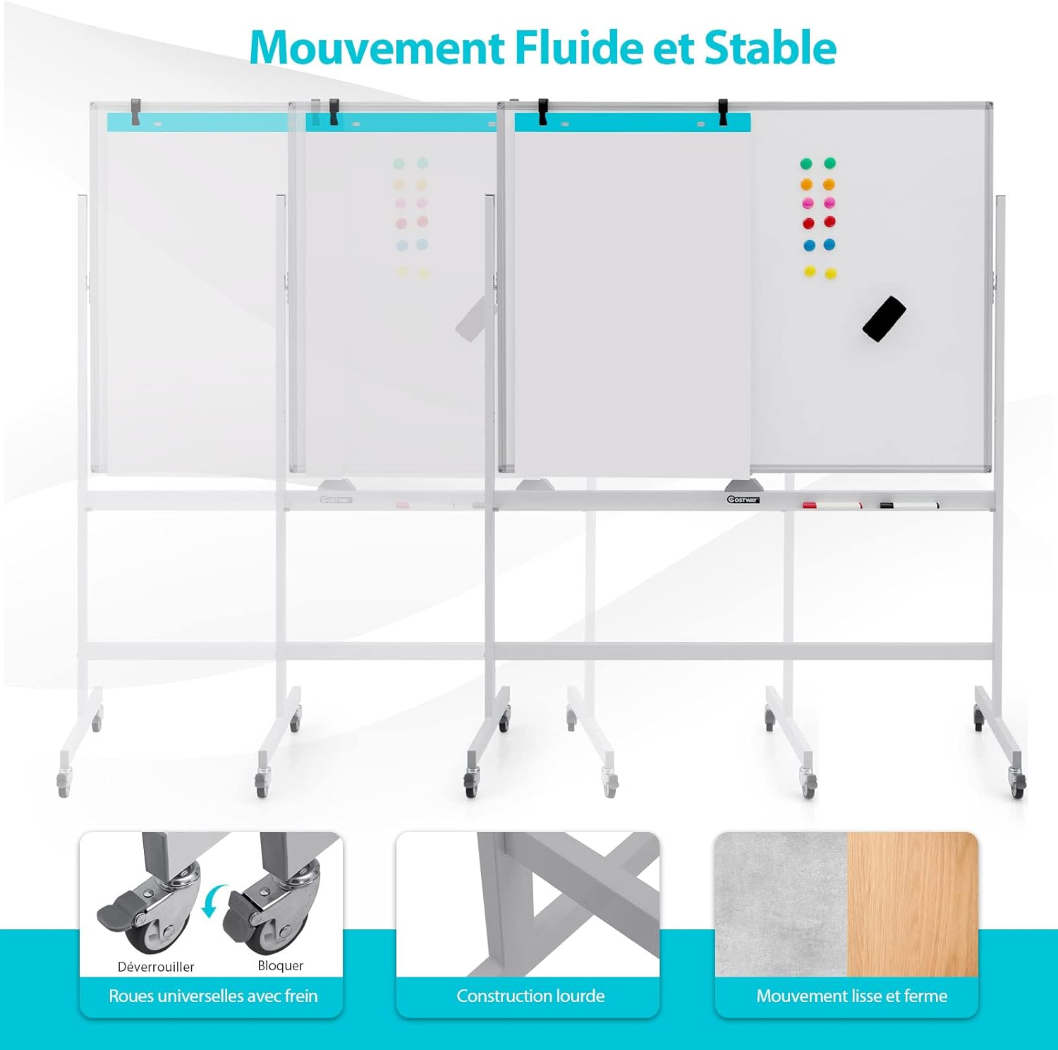 Tableau Blanc Effaçable sur Pied 120x90cm, Double Face, Tableau Blanc Magnétique, 2 Hauteurs Réglables, 4 Roulettes Verrouillables, Blanc - 6