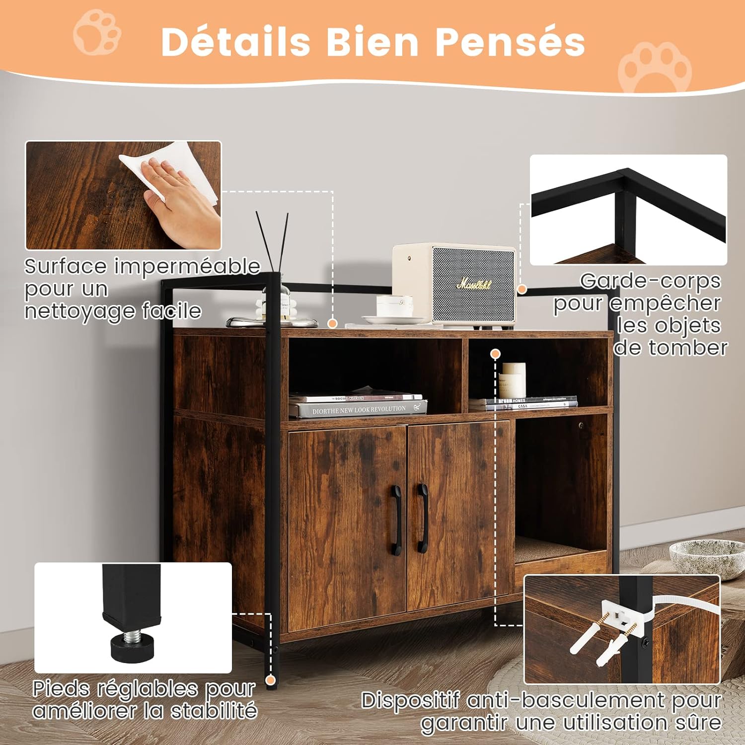 Meuble Litiere Chat Griffoir Amovible Industriel, 89x45x74,5cm Café - 8