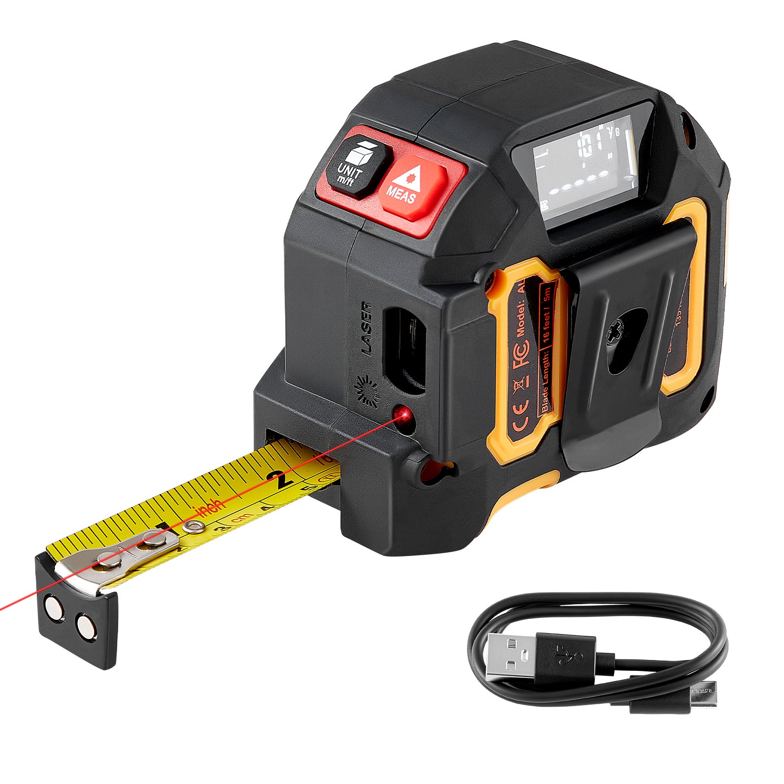 Dalmierz Laserowy VEVOR 2 w 1, 135 stóp Laser i Taśma 4.9 m, 4 Tryby Pomiaru, Jednostki ft in m