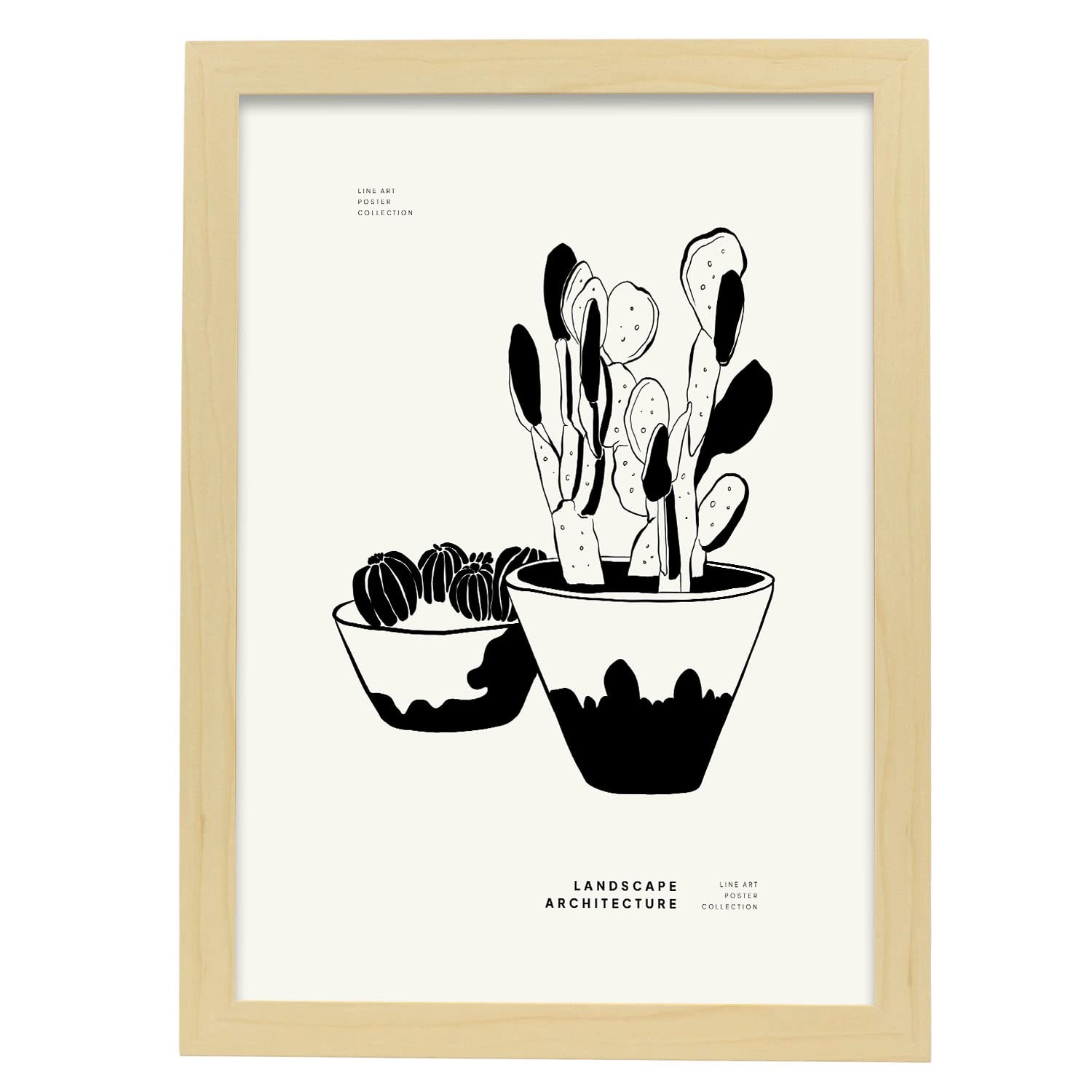 Póster pop art abstracto. pequeño cactus en maceta ilustraciones artísticas modernas para la decoración de interiores. con marco madera clara - a3