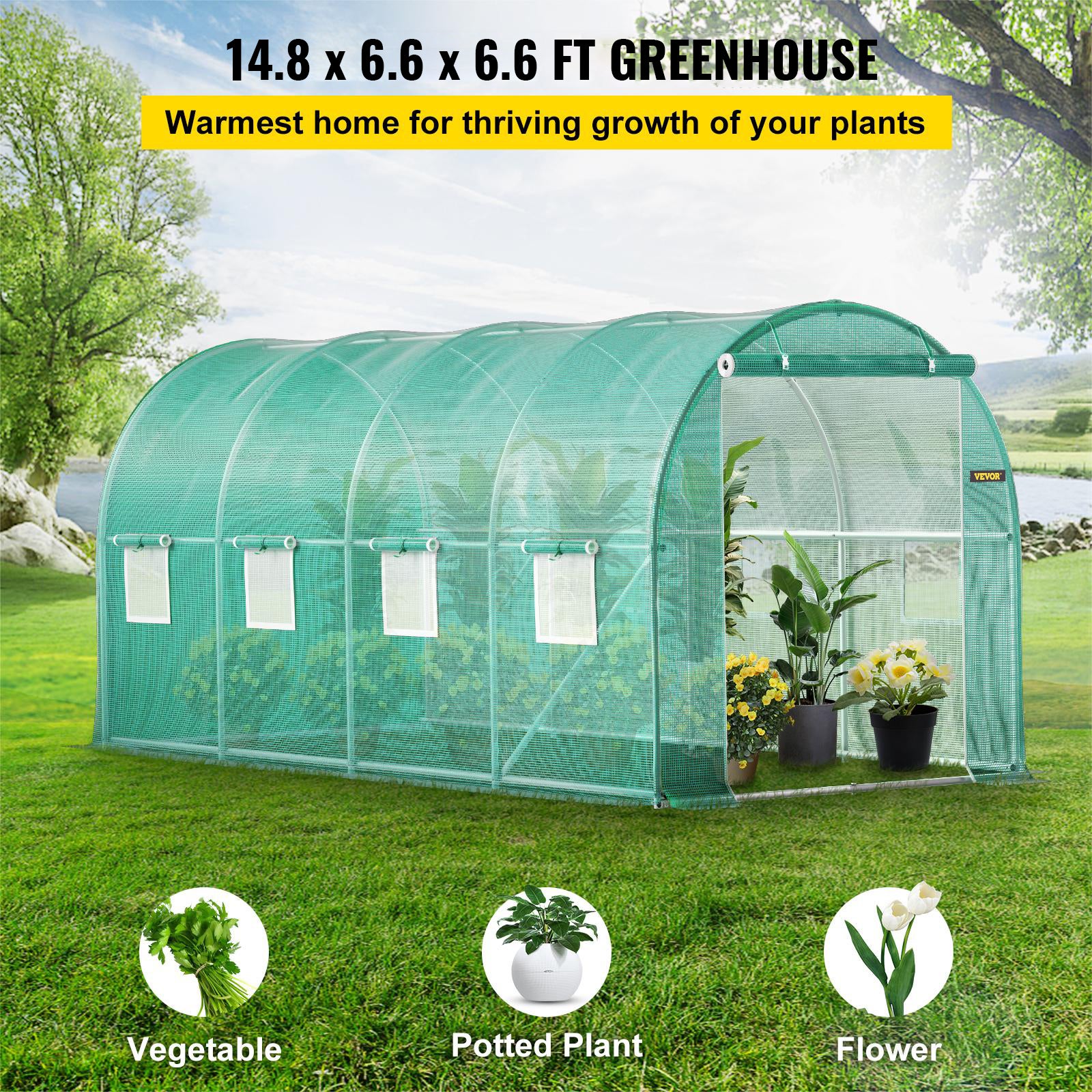 Serre de Jardin Tunnel VEVOR 4,5x2x2 m Bâche PE Renforcée 140 g/m² Armature Acier Galvanisé 8 Ouvertures Latérales Porte Zippée Culture Extérieure - 2