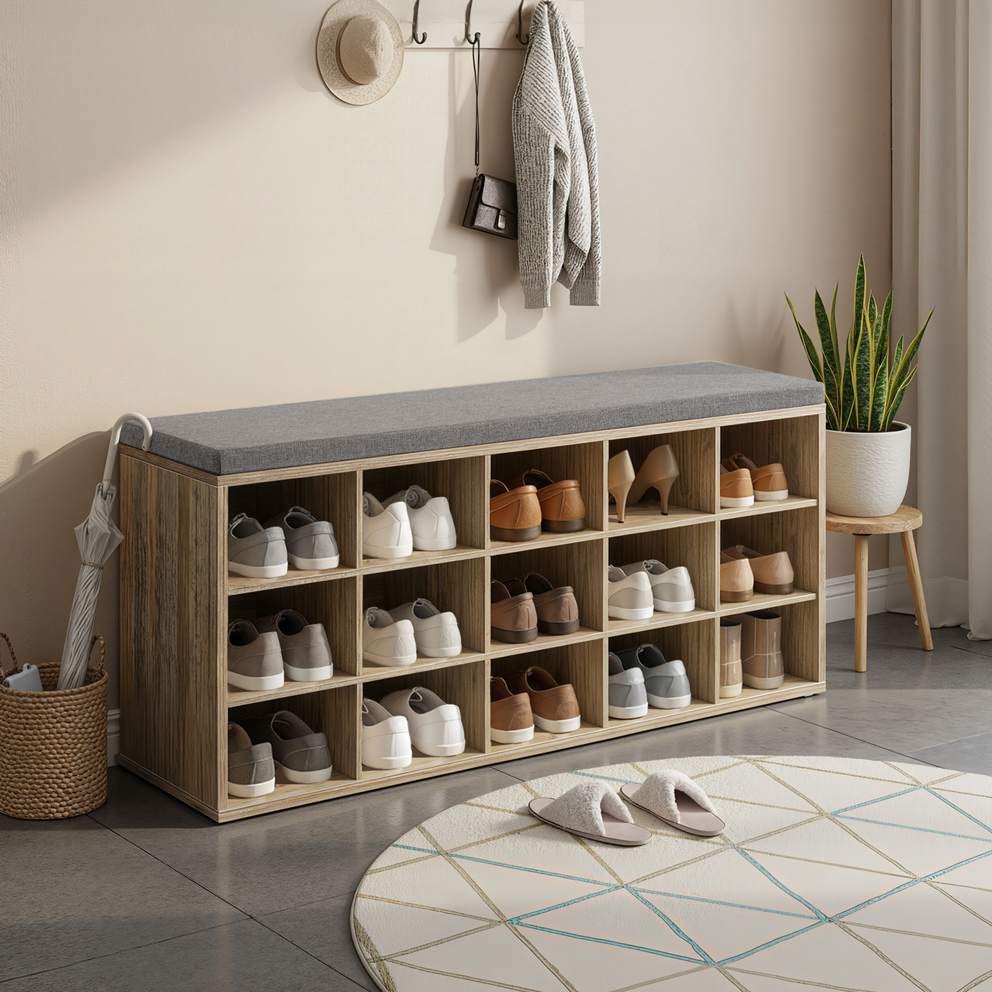 Banc à Chaussures, Banc de Rangement avec Siège Rembourré, 15 Compartiments, Étagères Réglables, pour Salon, Couloir, Couleur Chêne - 2