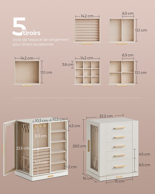 Boîte à Bijoux Pivotante sur 360°, avec 5 Tiroirs, Fenêtres en Verre Latérales, Grand, Rangement pour Accessoires, Design Ouvert, Blanc Nuage - 4