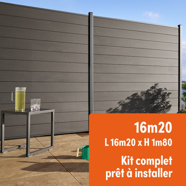 Kit complet clôture composite et aluminium à sceller H 1m80 L 16m20 gris anthracite avec renforts acier - Palissade - Brise vue
