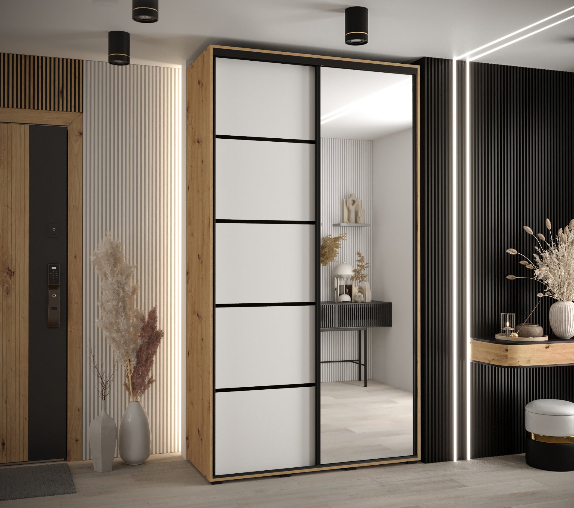 Szafa przesuwna z lustrem wysoka Davos 5 130 x 60 x 235,2 cm artisan + biały + u. czarny - Abiks Meble - 2