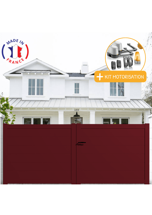 Portail aluminium battant plein en kit + Motorisation dimensions L.3500 (entre piliers) X H.1500 mm LOCKYVIA (à bras) Couleurs Rouge (RAL 3004)