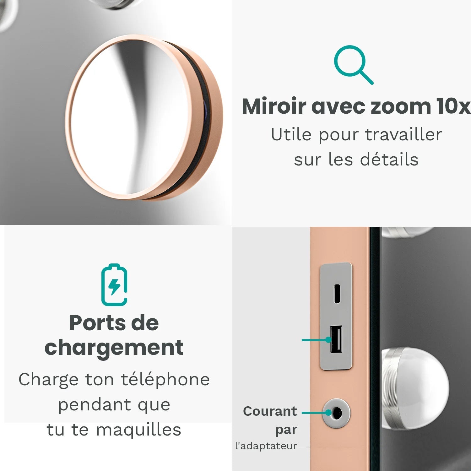 Miroir Hollywood Mirlux 58 x 48 cm - Port de chargement USB et USB-C - 3 niveaux d'intensité lumineuse - Miroir de maquillage LED - Or rose - 4
