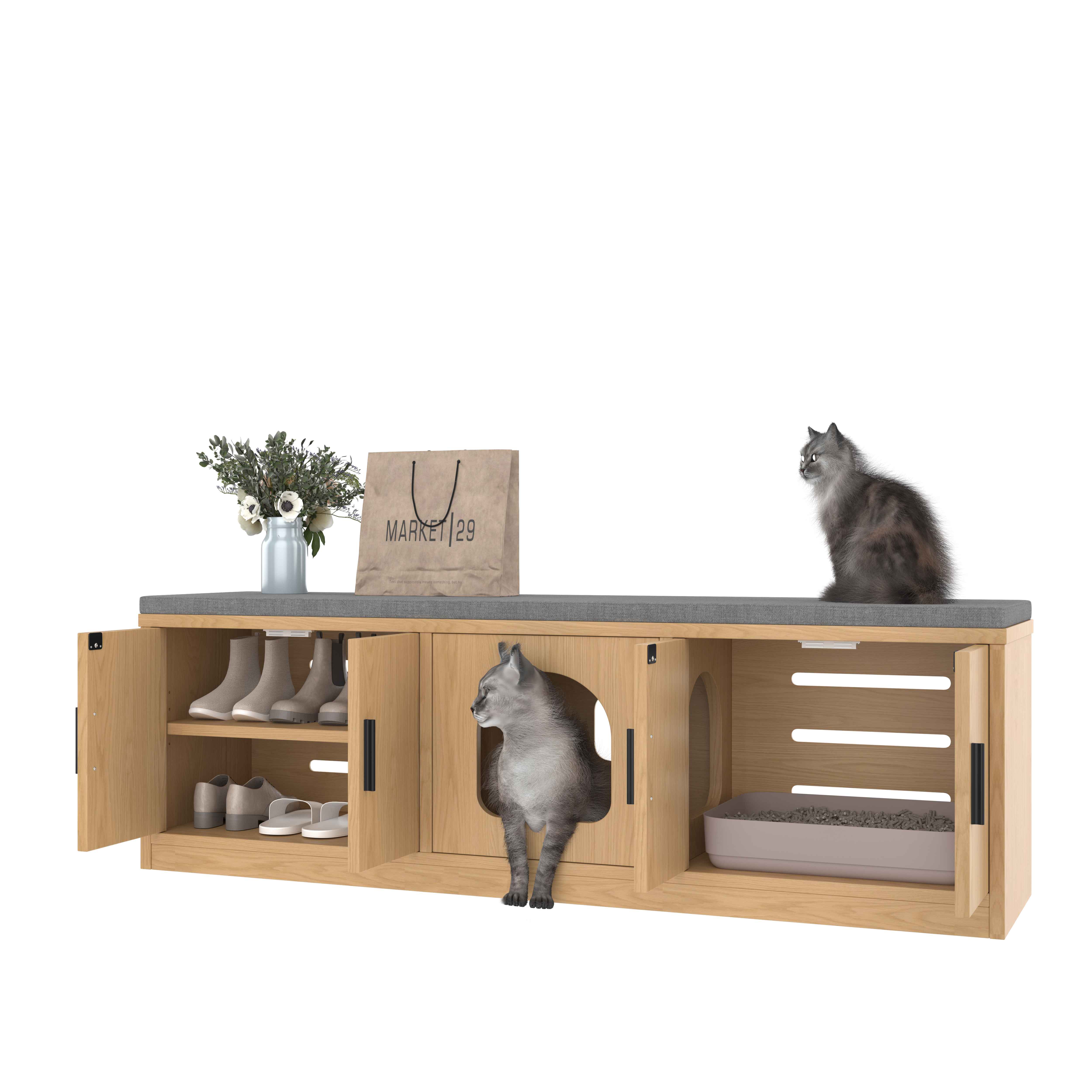 Meuble cache-litière chat 140x40x45,5 cm avec griffoir intégré, ventilation, banc en bois chêne, rangement chaussures - 7