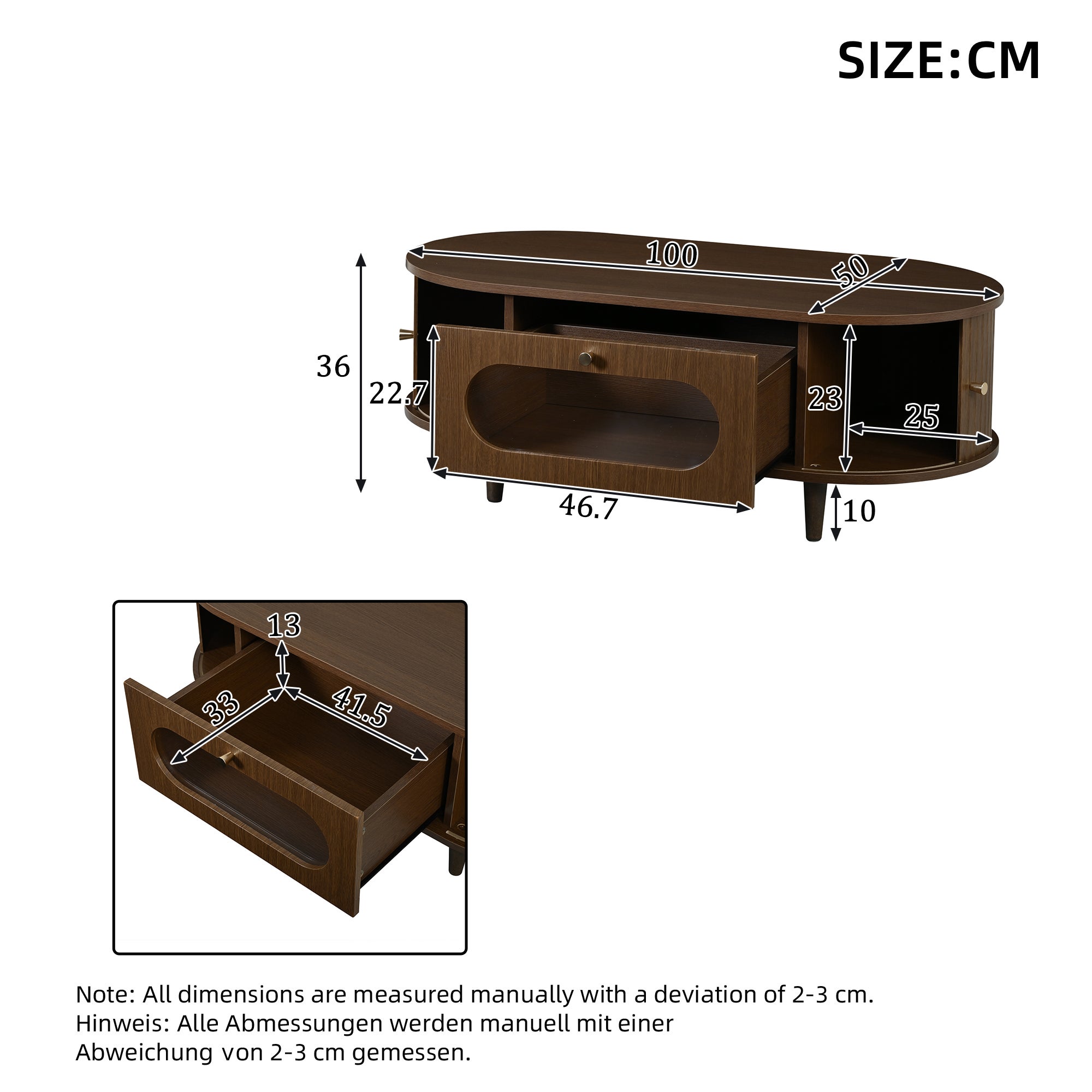 Owalny stolik kawowy z 2 drzwiami przesuwnymi i 1 szufladą - 100 x 50 x 36 cm - MDF - Orzech - 5