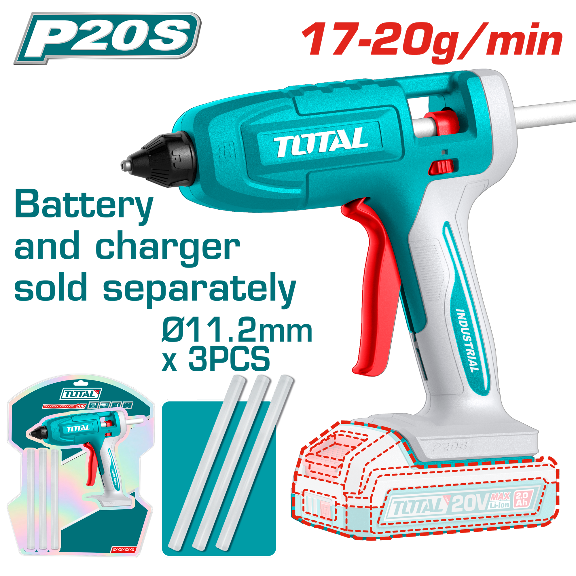 Pistol de lipit cu silicon TOTAL 20V Li-Ion, nu include acumulator si incarcator