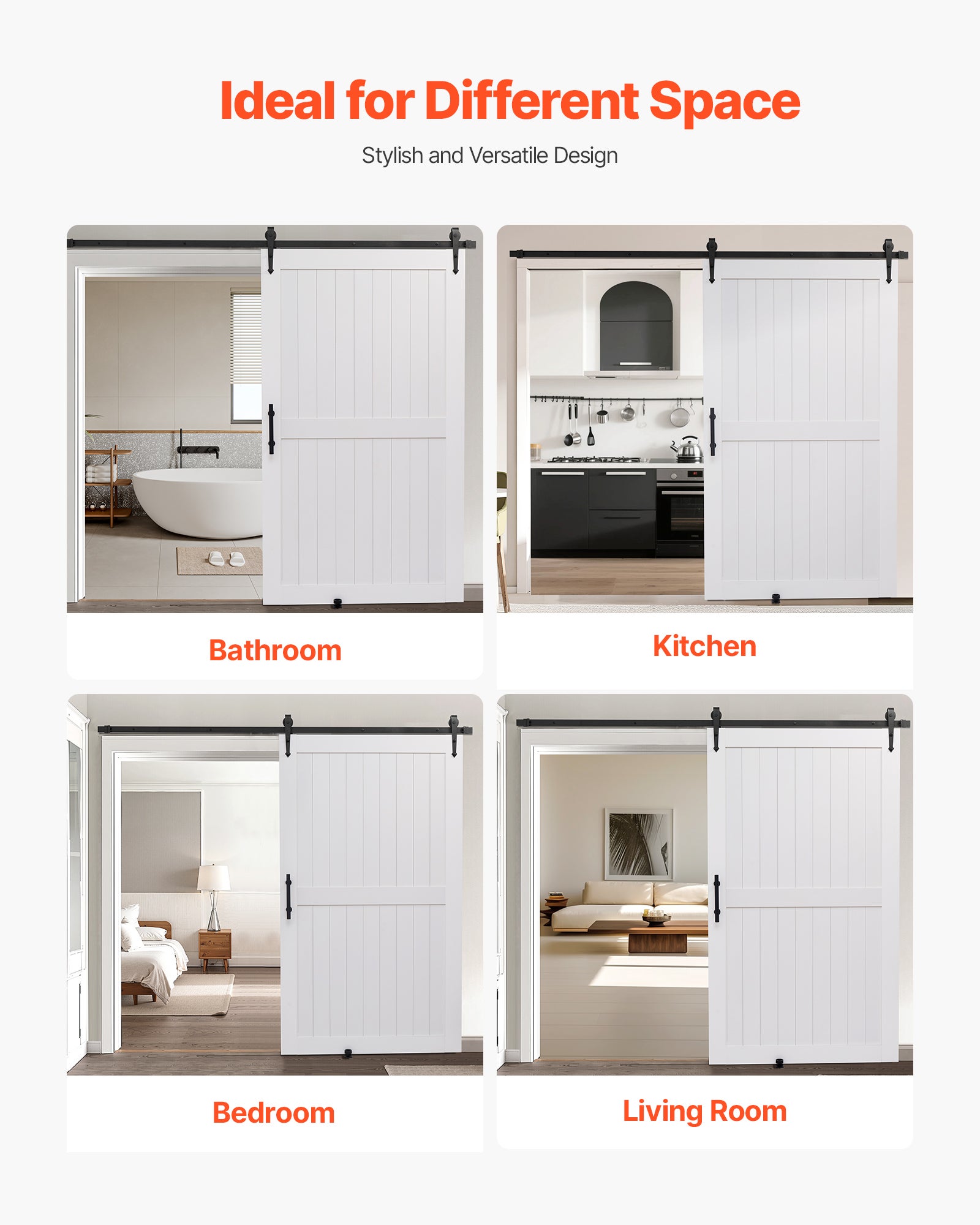 Porte de grange coulissante,VEVOR 1219 x 2134 mm,panneau MDF,surface en PVC imperméable,facile à installer,cadre en H,pour salon et salle bain - 6
