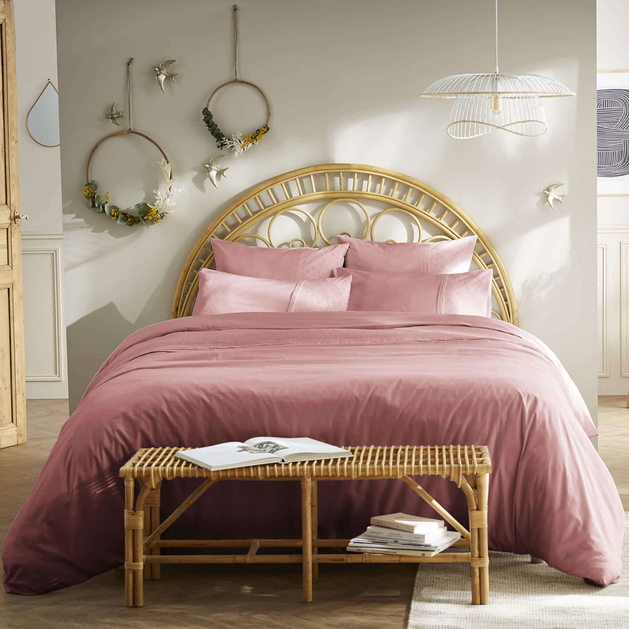 Parure De Lit Marks & Spencer – Coton Brodé Motif Floral, Blanc/gris, élégant