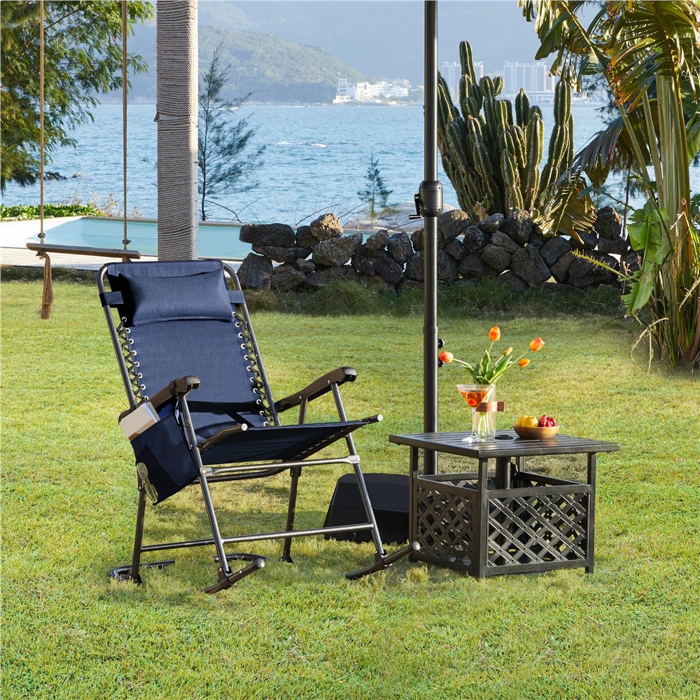 Fauteuil à Bascule Pliant en Toile et Métal avec Têtière Réglable, Poche de Rangement, Bleu Marine Yaheetech - 3