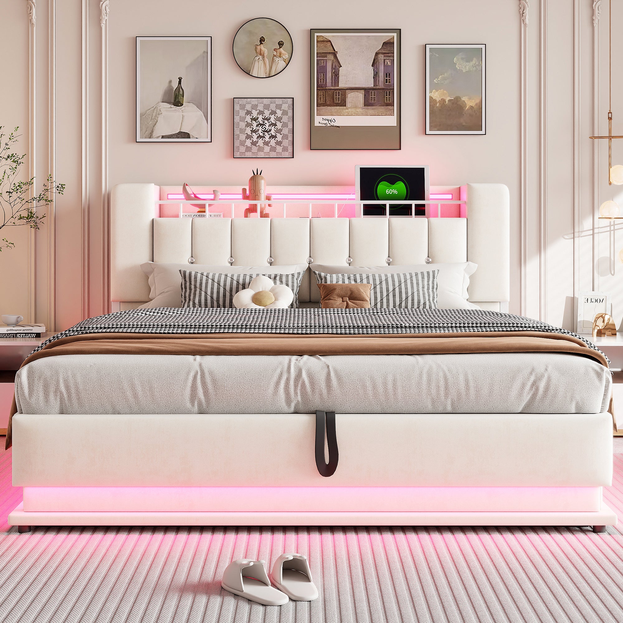 Łóżko z pojemnikiem na pościel 180 x 200 cm i zagłówkiem - Tkanina aksamitna - Diody LED - Porty USB - Beżowe (Materac nie jest wliczony w cenę) - 3