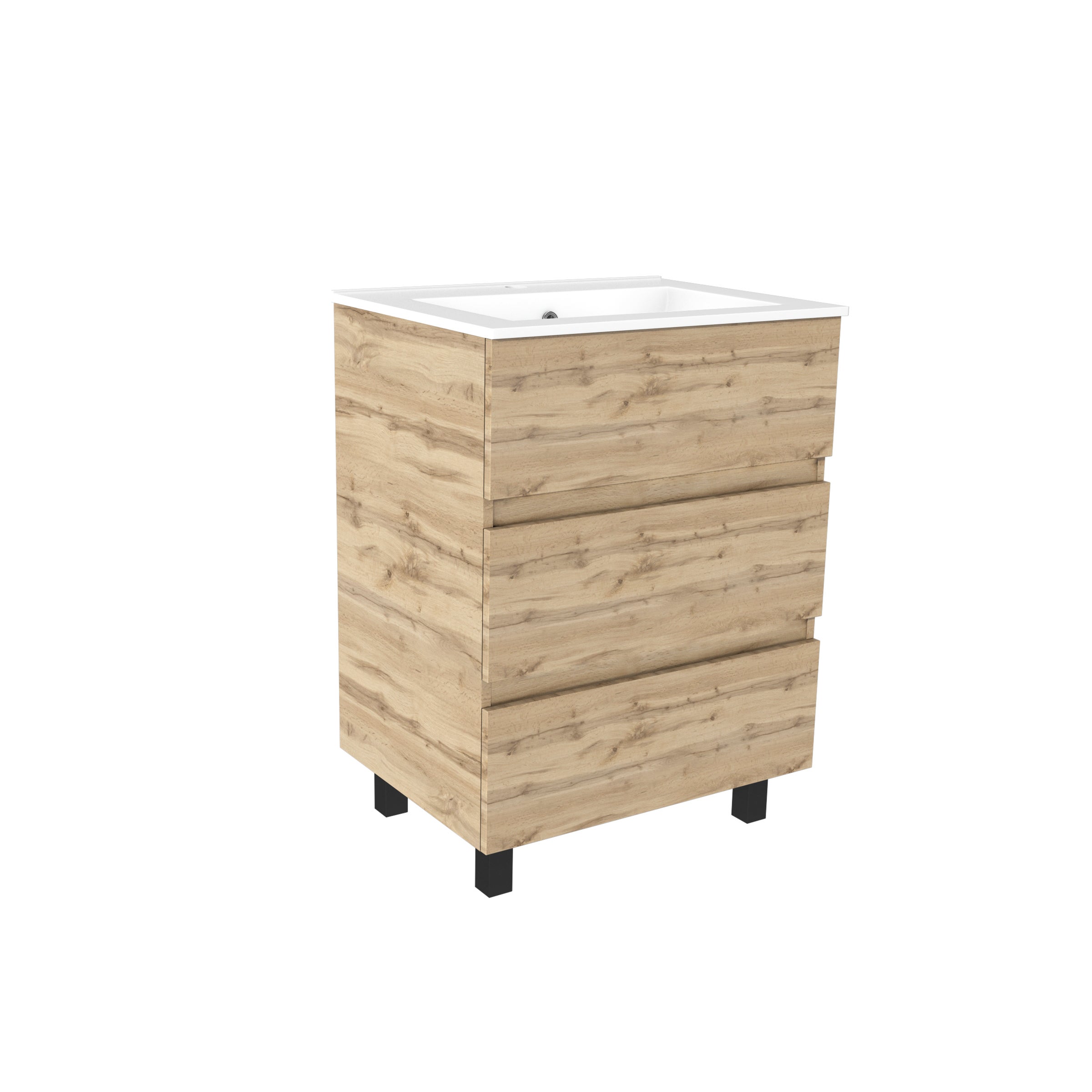 Meuble de salle de bains 60cm 3 Tiroirs_Chêne Naturel + Vasque céramique blanche - TIMBER 60 - 3