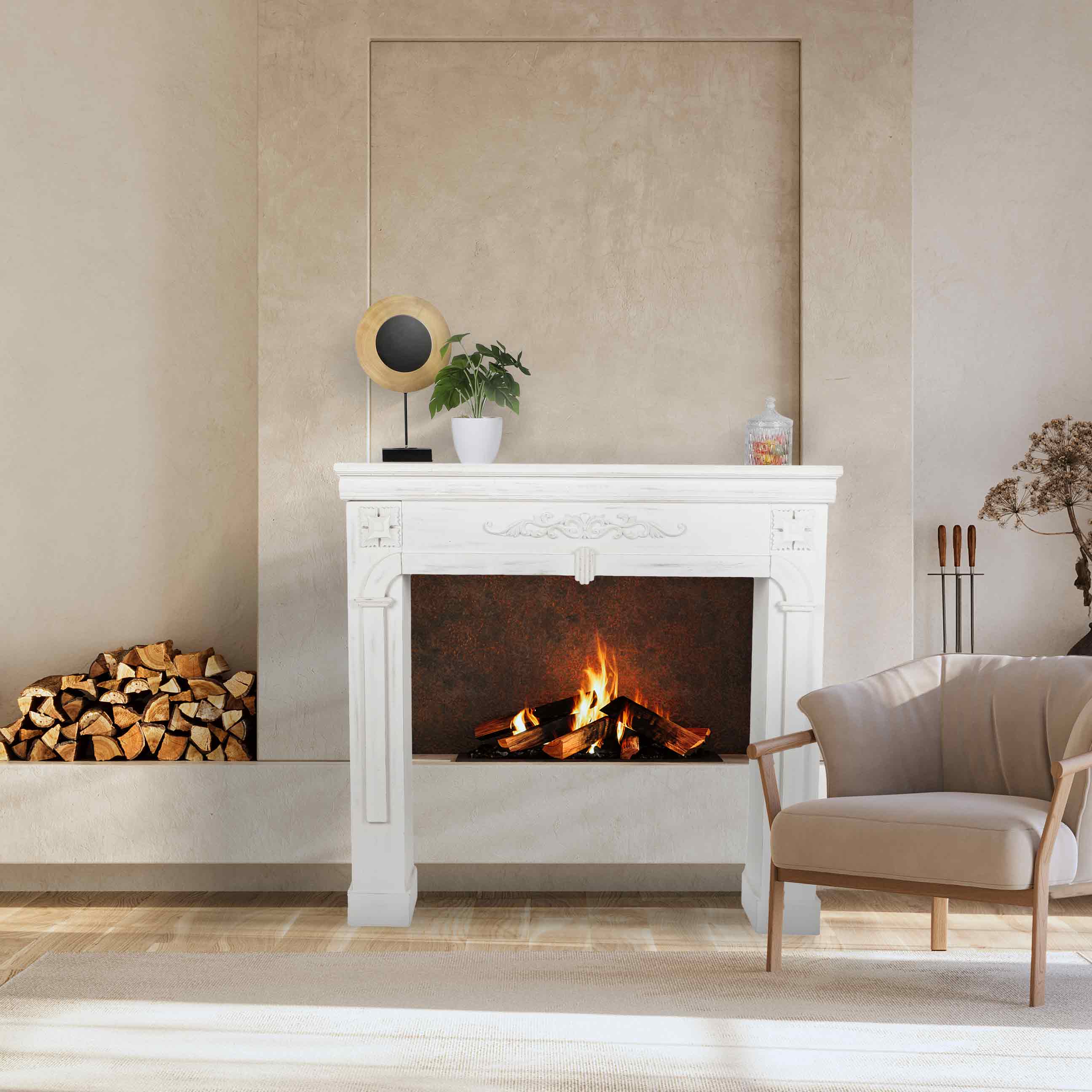 CONTOUR DE CHEMINEE EN BOIS BLANC CERUSE 104X17XH100CM - 2