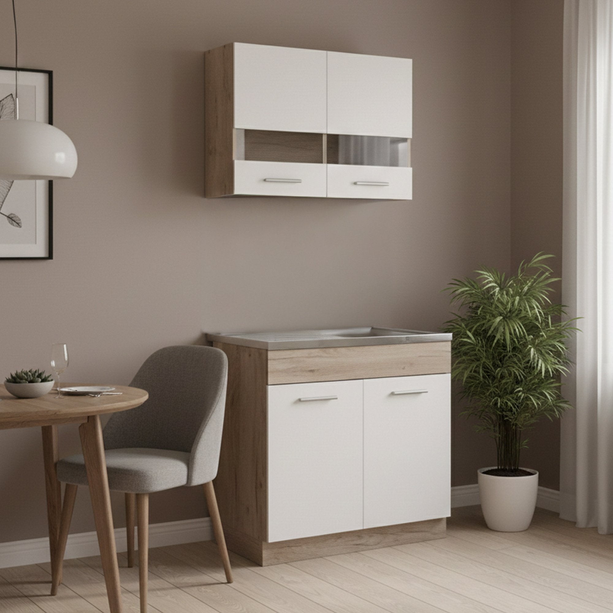 Cocina, 2 estantes 4 puertas, orificios para cocina y fregadero a cargo del cliente, blanco - taurano