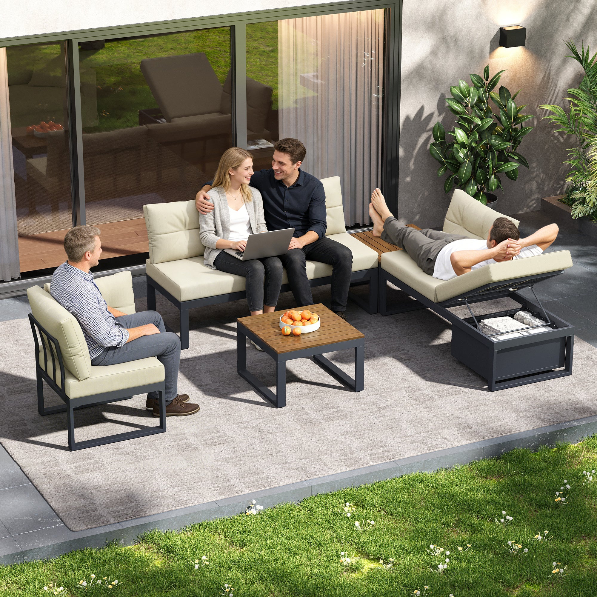 Salon de Jardin 5 Places - Canapé Convertible en L/U avec Coffre de Rangement, Tables Poufs & Coussins Épais Imperméables - 10