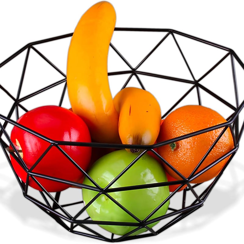 Metalowy kosz na owoce na stół – nowoczesny geometryczny wzór – kosz na owoce, cytrusy – otwarty centralny pojemnik na owoce – czarny