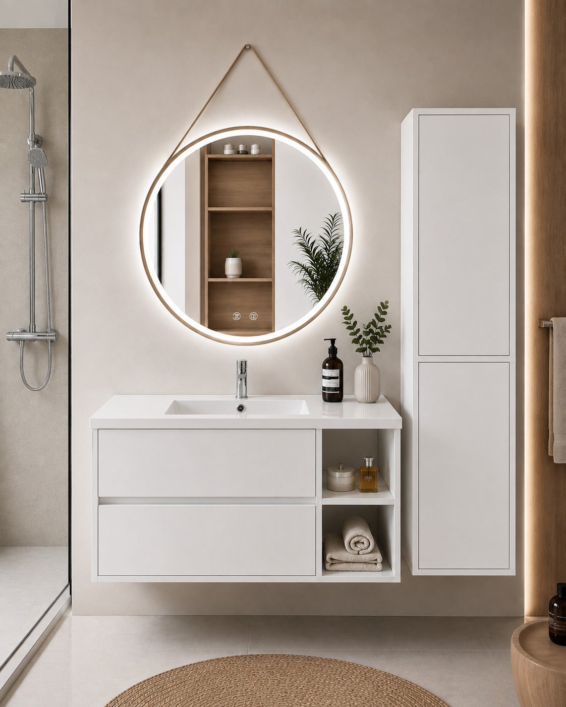 Mobilier de baie cu lavoar ORIGENBATH ZEUS fără oglindă 70x40 cm Dreapta alb cu coloană