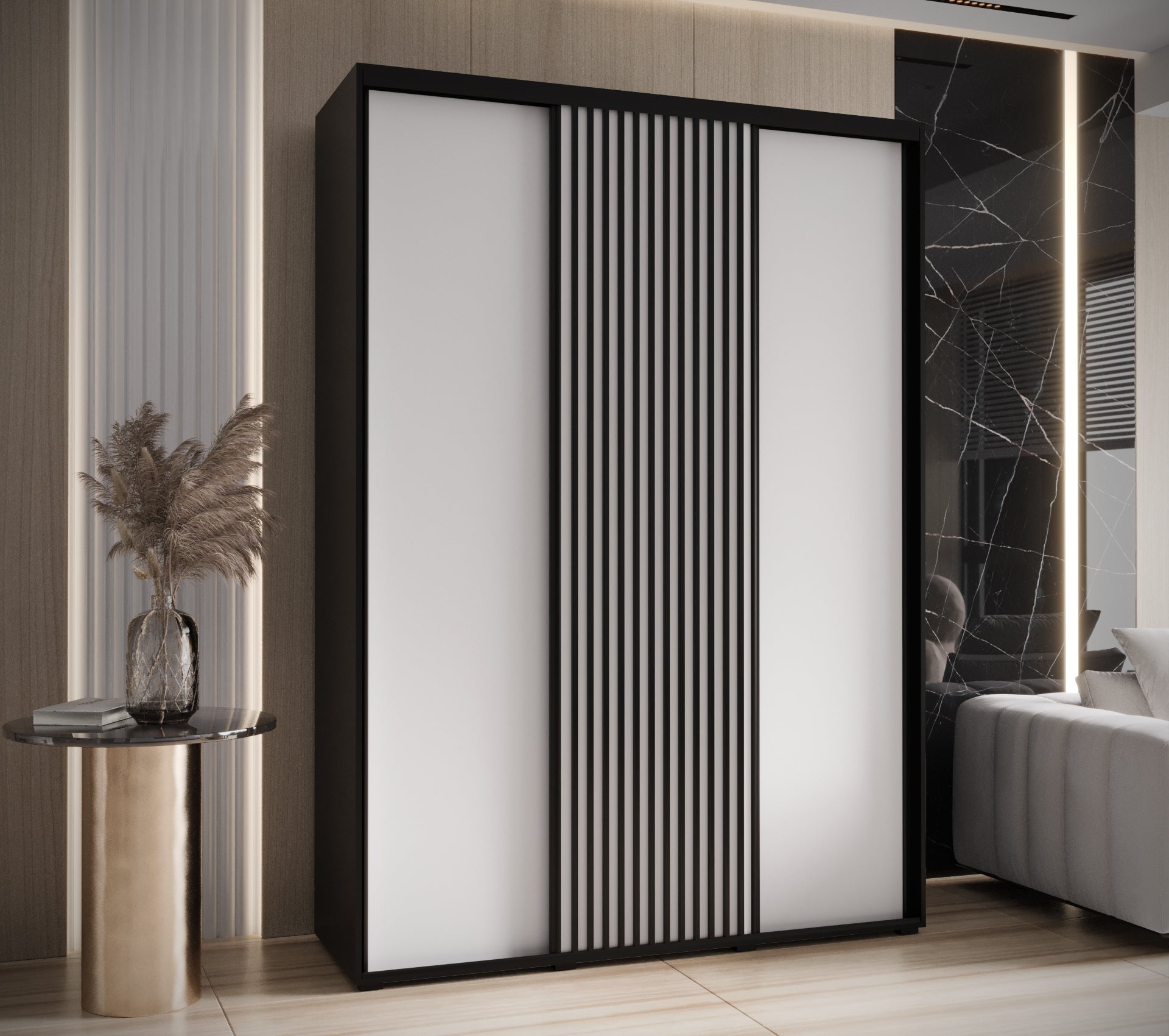 Szafa przesuwna wysoka Lanko 1 170 x 45 x 235,2 cm czarny + biały + lamele czarny - Abiks Meble - 2