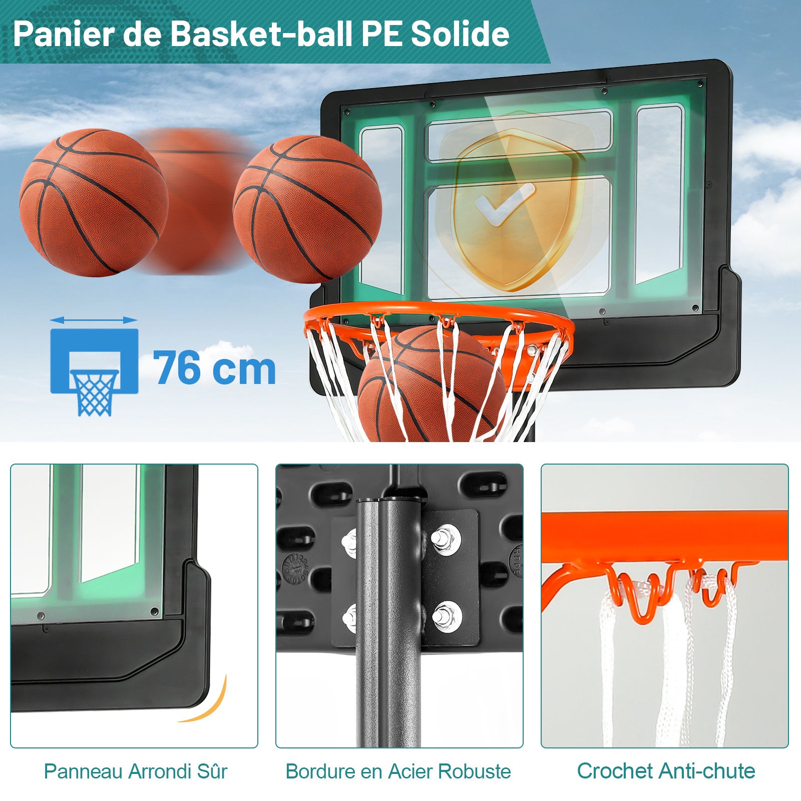 Canestro Basket da Interno ed Esterno Portatile e Regolabile in Altezza 90-210cm, Canestro da Basket per Bambini con Ruote, Incavo per Pallone - 4