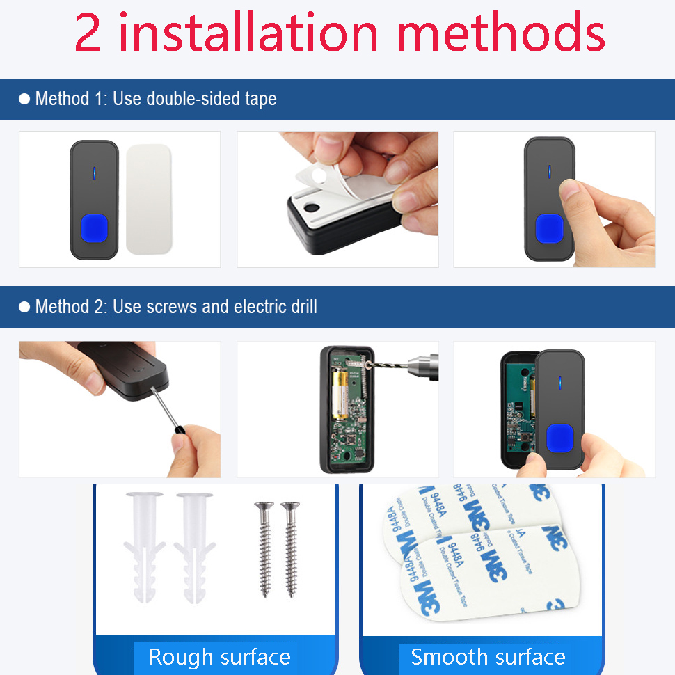 Sonnette sans fil, portée 400 m, étanchéité IP55, 55 mélodies, 5 niveaux de volume, voyant LED, pour la maison et l'hôtel (1 émetteur + 2 récepteurs) - 7
