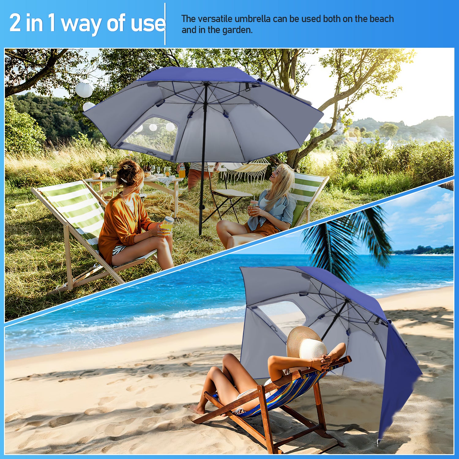Parasol de plage ou jardin 210 cm avec protection UV, en bleu, en polyester durable, avec piquet, avec ou sans côté - 5